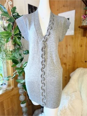 Cashmere One Gray Beaded Cashmere Blend Tunic Sweater Open Back Size Small